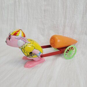 VINTAGE 1960s Japan Tin Litho Wind Up Easter Bunny Rabbit Pulling Wagon WORKS!